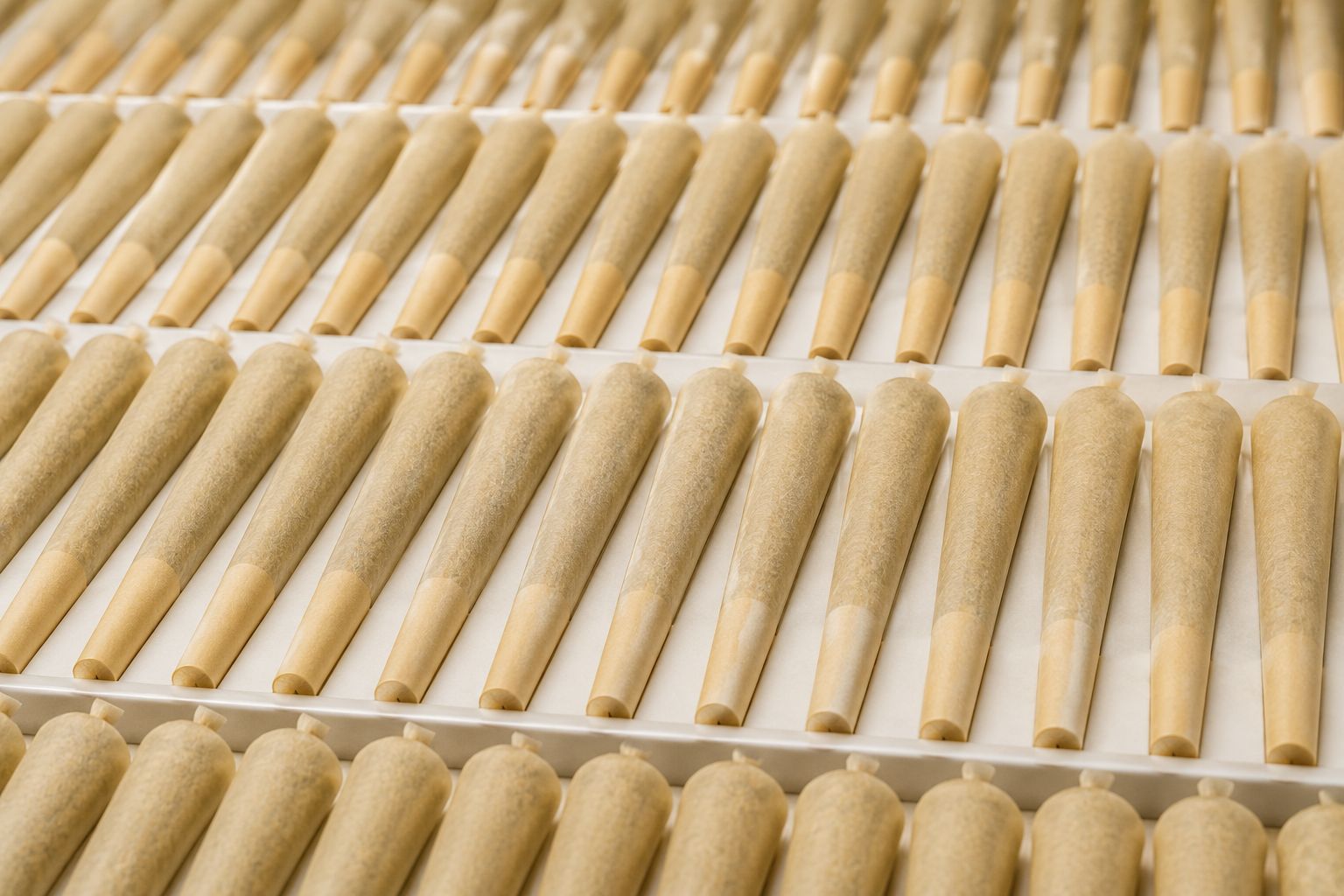 Rows of finished pre-rolled cones